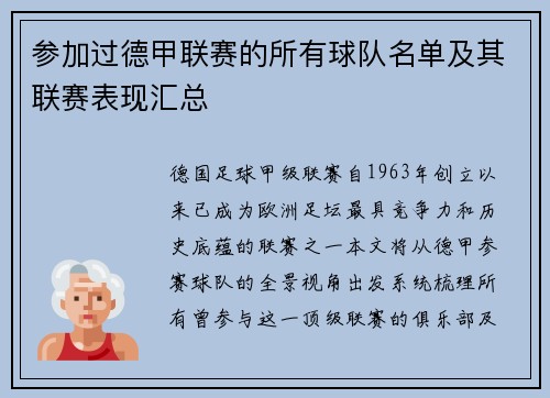 参加过德甲联赛的所有球队名单及其联赛表现汇总